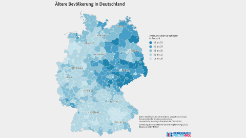 Karte zum Anteil der über 65-Jährigen an der Bevölkerung in den deutschen Kreisen im Jahr 2022