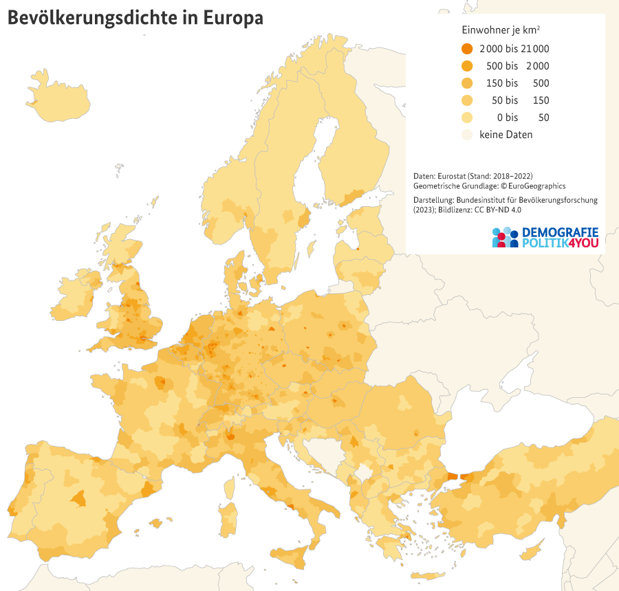 Karte zur Bevölkerungsdichte der europäischen Regionen