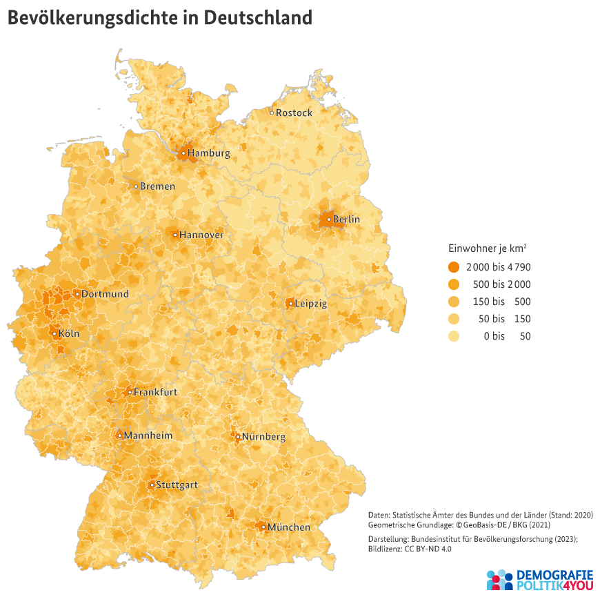 Karte zur Bevölkerungsdichte der Gemeinden in Deutschland im Jahr 2020